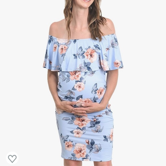 Dresses & Skirts - Blue Floral Off Shoulder Maternity Dress